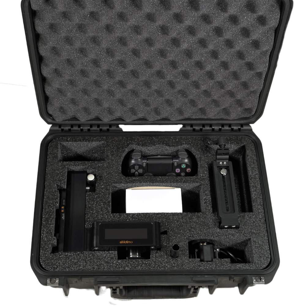 eMotimo Spectrum ST4 hardcase containing motion control head, PS4 Remote, 12 volt power supply, focus motor and heavy duty L bracket